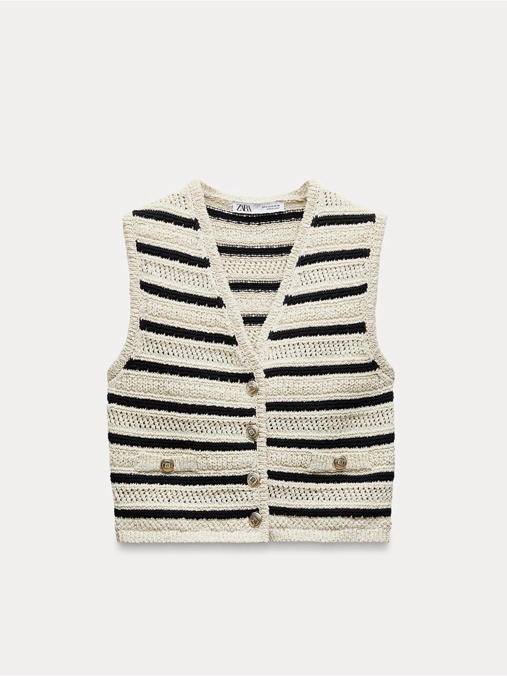 Zara Cream And Black Striped Crochet Vest